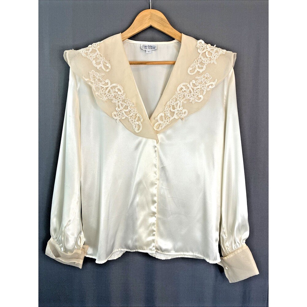 VTG Sonya Ratay Lace Collar Satin Blouse Sz 12 Ivory Victorian Romance Secretary